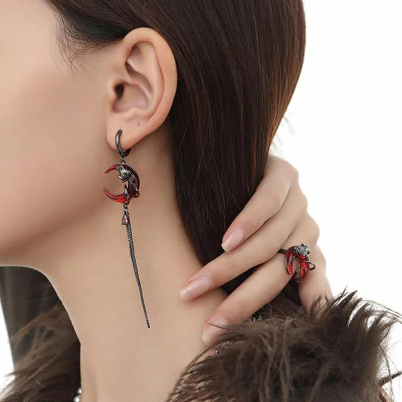 Red Moon Gem Asymmetric Earrings Personality Hip-pop Gothic Dark Ear Pendants Tassel Chain Eardrop Ear Buckle Jewelry Accessory