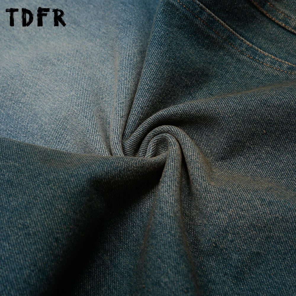 Button Bermuda Denim Shorts Mens Summer Retro Streetwear Dirty Washed Baggy Wide Leg Jorts Man