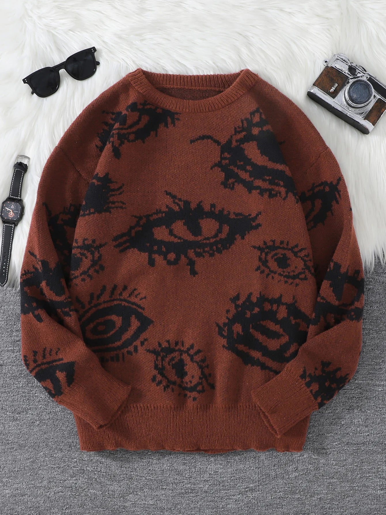 New Popular Autumn and Winter Abstract Eye Jacquard Pattern Pullover Sweater Casual Round Neck Knitted Men's Pullover