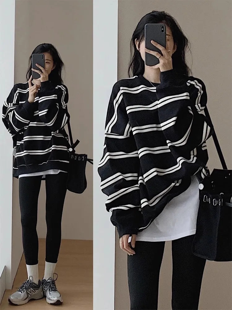 Retro Striped Sweatshirt Women Oversized Round Neck American Classic Loose Fit Long Sleeve Casual Mid To Long Length Top Lazy