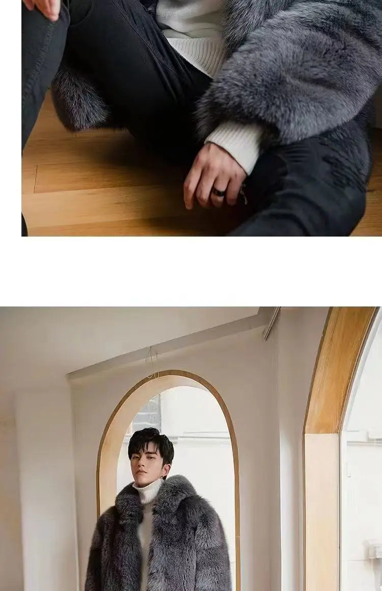 Autumn Winter New Men Fox Fur Hooded Coat  Fashion Light Luxury  Warm Coat Thickened Comfortable Fur Coat Men Brown Fake Fur