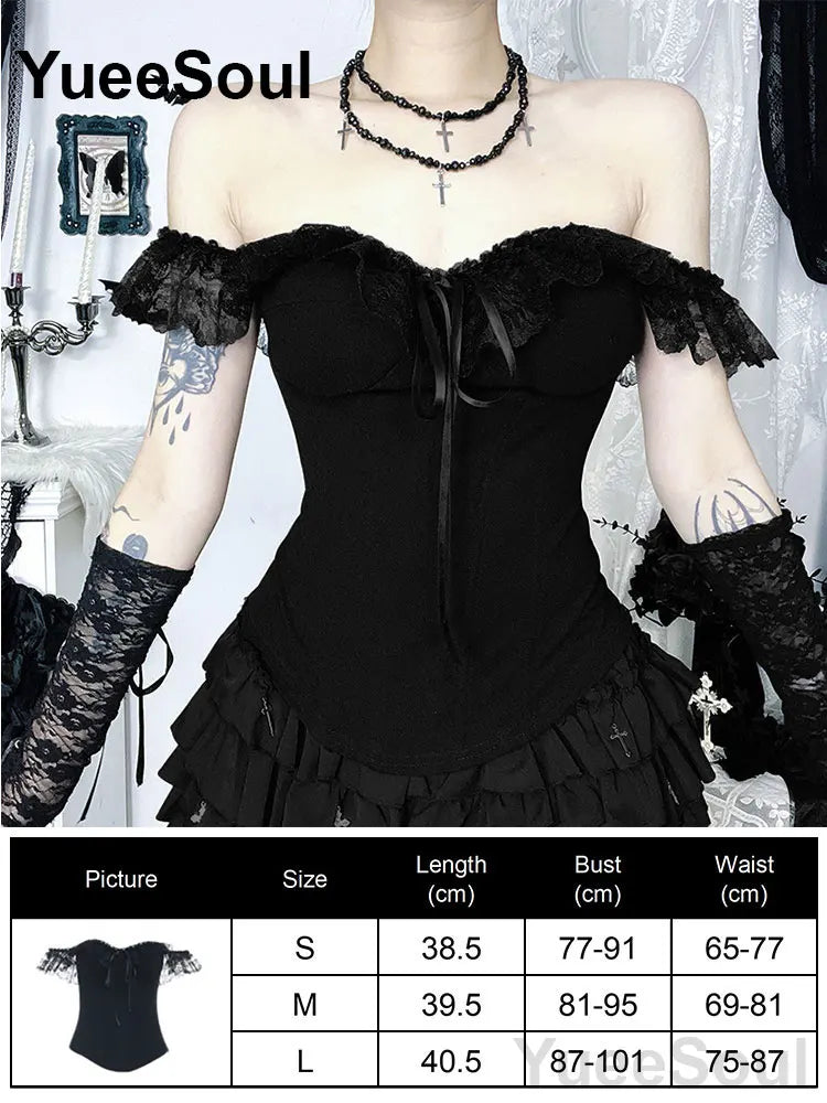 Gothic Lace Mesh Crop Tops Black Sexy Spaghetti Strap Corset Tops Goth Punk Grunge Fairy Core Halloween Y2K Aesthetic Clothes