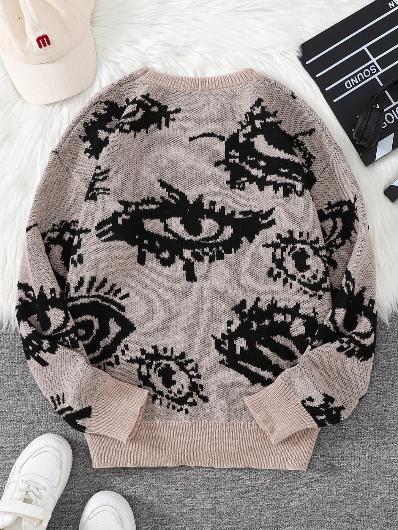 New Popular Autumn and Winter Abstract Eye Jacquard Pattern Pullover Sweater Casual Round Neck Knitted Men's Pullover