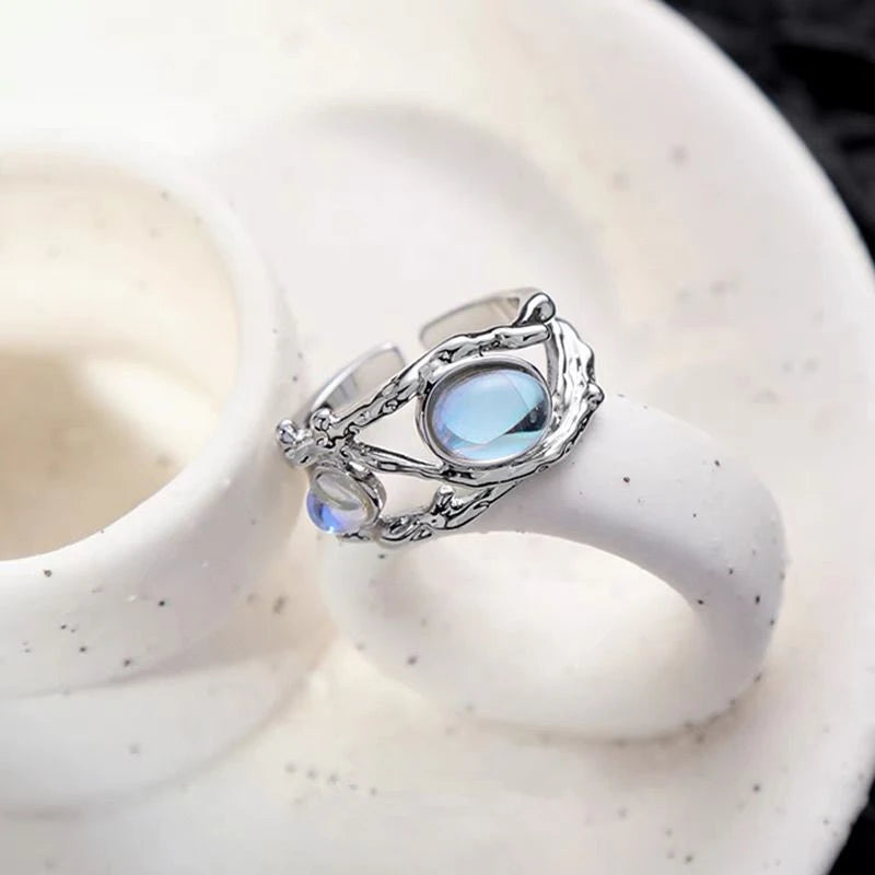 Punk Geometry Moonstone Open Dark Metal Ring For Women Girls Fashion Vintage Jewelry Y2K EMO Grunge EMO Accessories