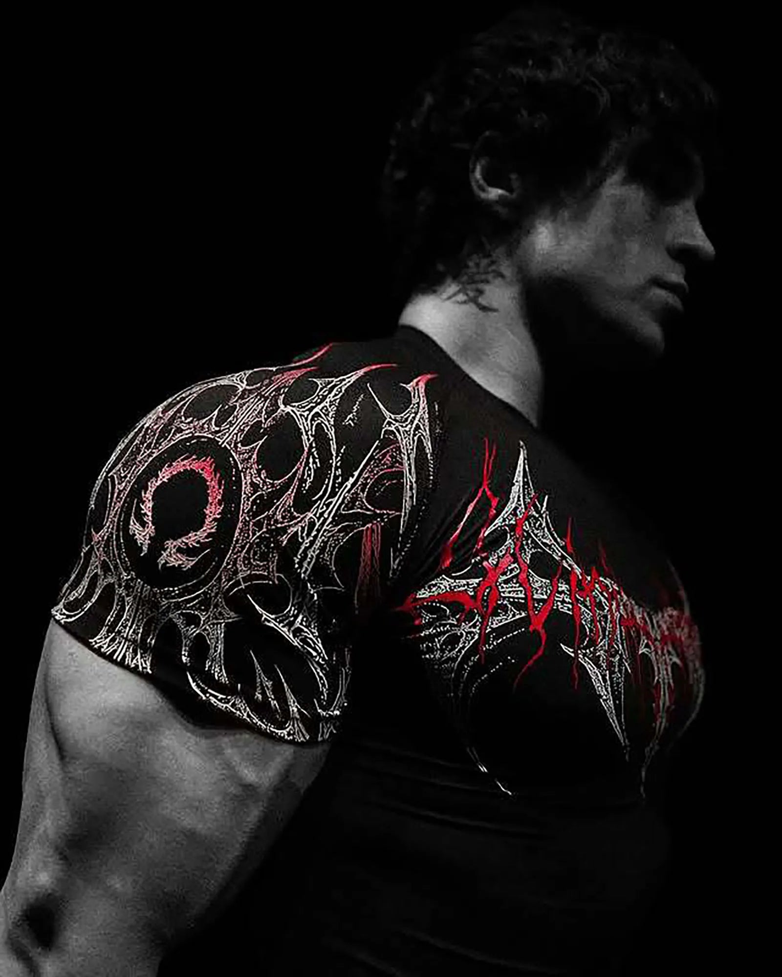 GYM T-shirt Men's Dark Gothic Print Muscle Tee  High Elasticity And Quick Drying Exercise For Bodybuilding Training 2025 Summer