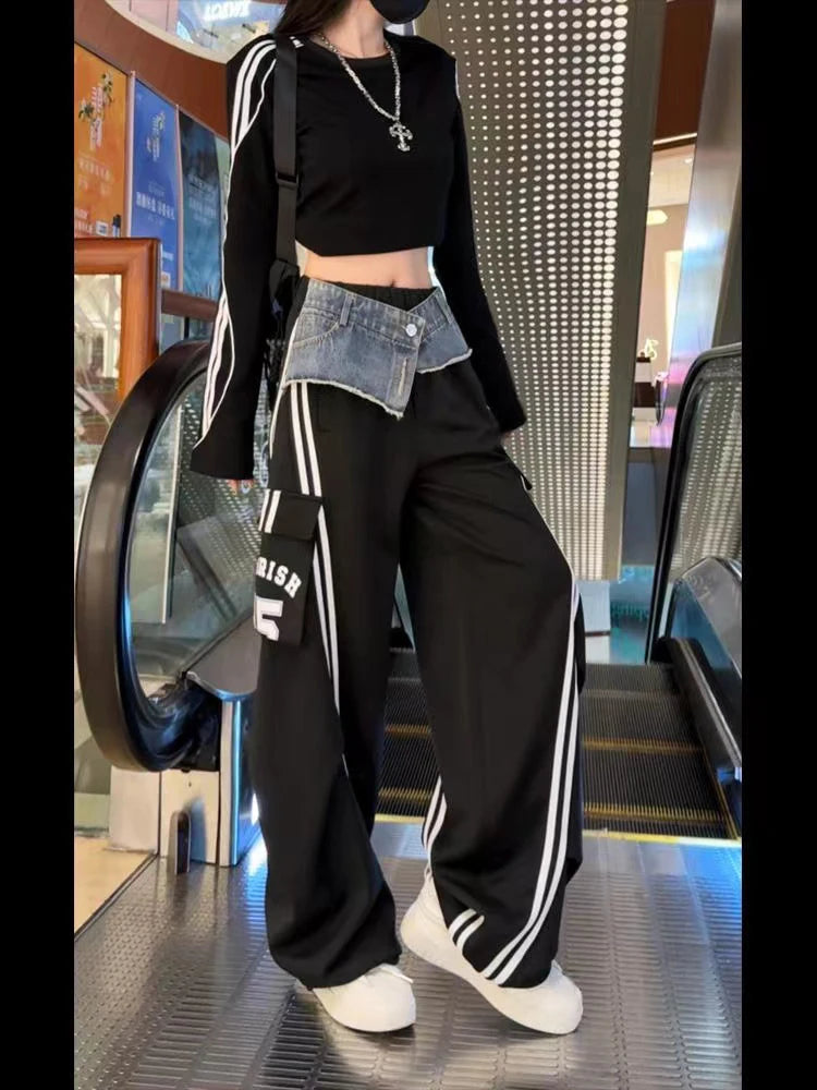 Women Black Gothic Pants with Skirt Baggy Emo Parachute Pants Harajuku Japanese 2000s Style Y2k Vintage Trousers Fashion Clothes