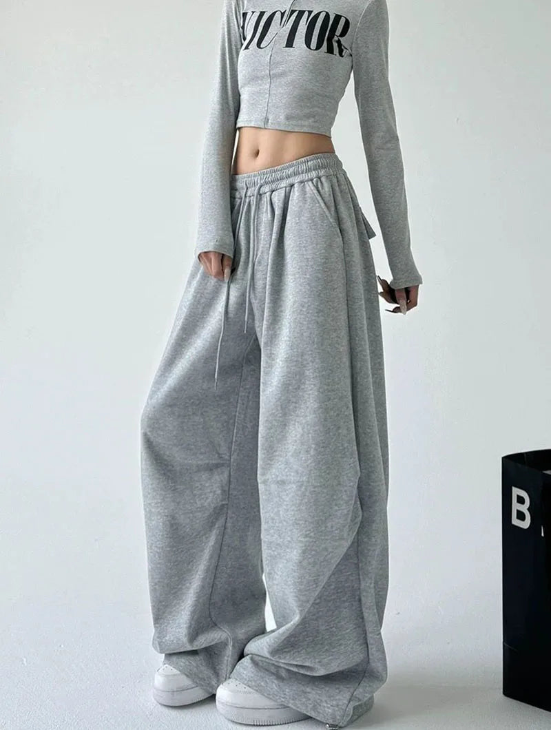 2025 New Harajuku Wide Leg Sweatpants Women Streetwear Baggy Oversize Gray Sports Pants Woman Drawstring Casual Joggers Trousers