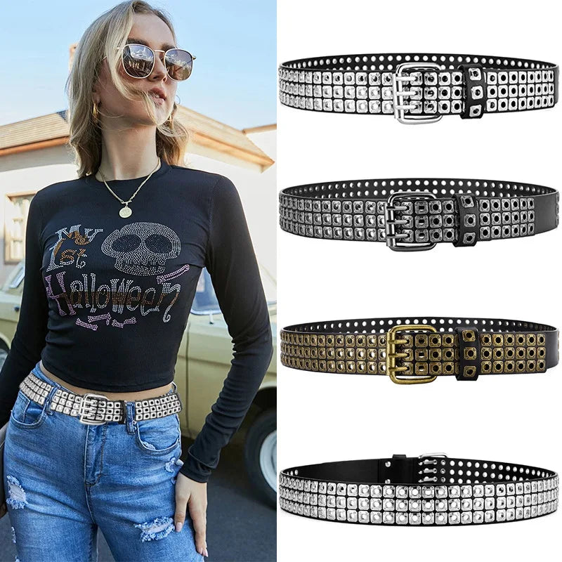 Women Belt  Fashion Square Beads, Willow Nails, Three Exhaust Eyes, Punk Street Cool, Personalized Men's and Women's Belts
