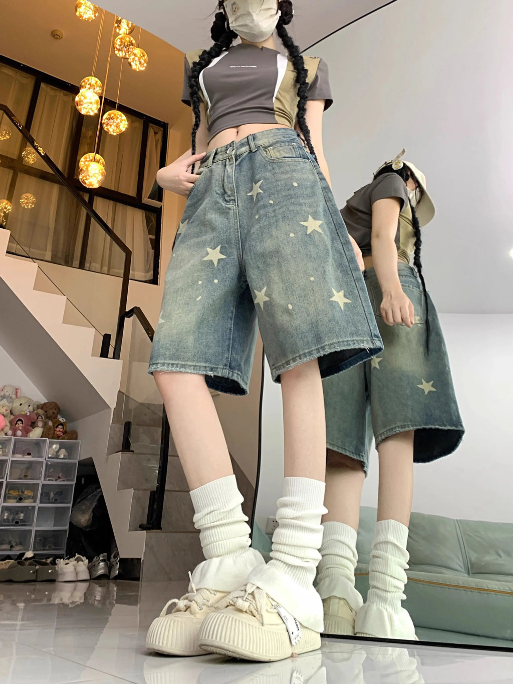 Casual Floral Loose Wide Leg Womens Jeans Retro Star Design Straight Leg Comfort Soft Denim Shorts