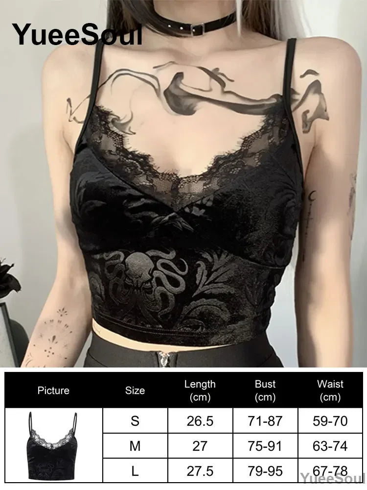 Gothic Lace Mesh Crop Tops Black Sexy Spaghetti Strap Corset Tops Goth Punk Grunge Fairy Core Halloween Y2K Aesthetic Clothes