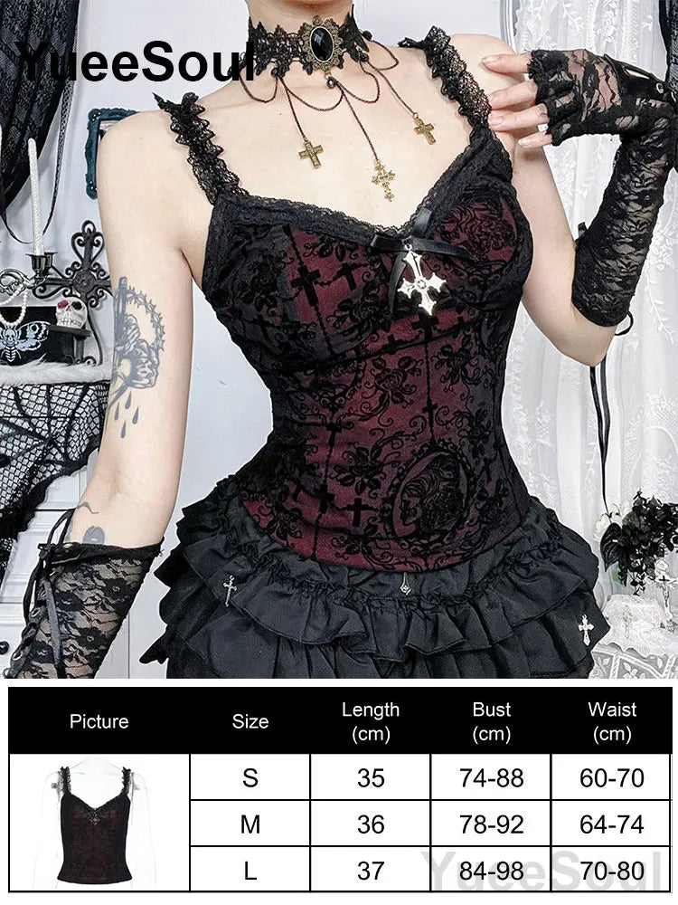 Gothic Lace Mesh Crop Tops Black Sexy Spaghetti Strap Corset Tops Goth Punk Grunge Fairy Core Halloween Y2K Aesthetic Clothes
