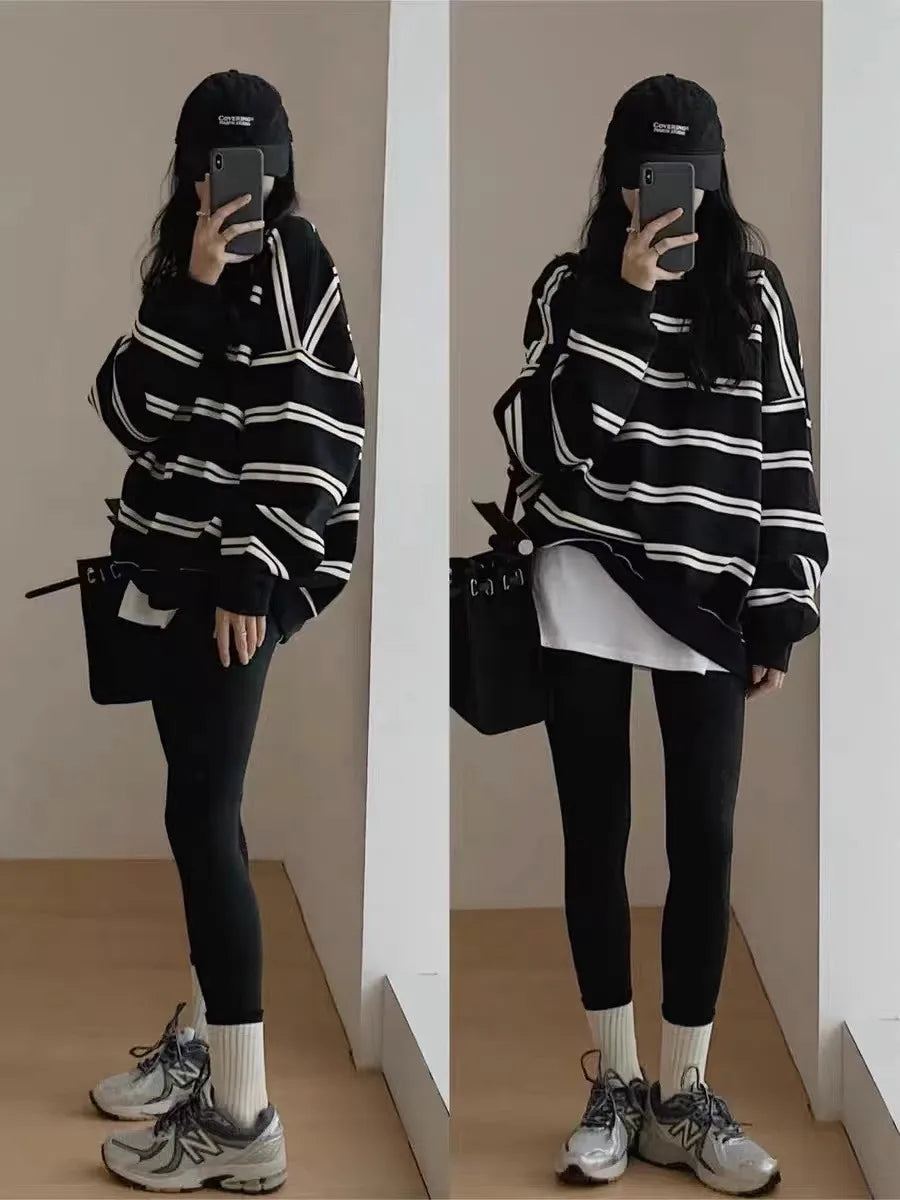 Retro Striped Sweatshirt Women Oversized Round Neck American Classic Loose Fit Long Sleeve Casual Mid To Long Length Top Lazy