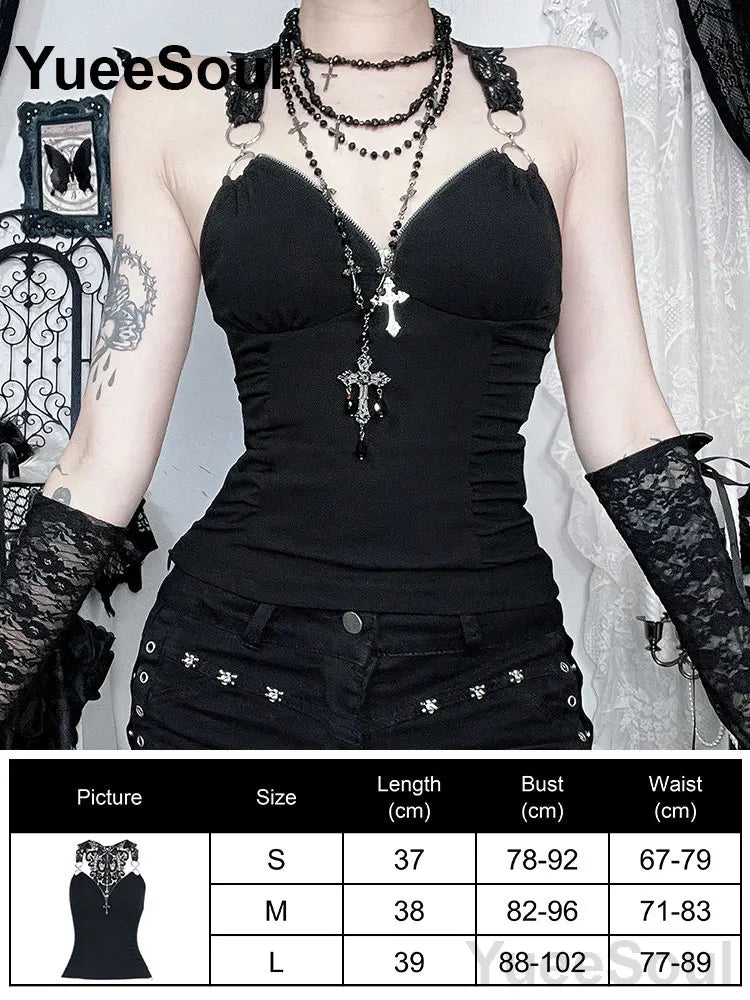 Gothic Lace Mesh Crop Tops Black Sexy Spaghetti Strap Corset Tops Goth Punk Grunge Fairy Core Halloween Y2K Aesthetic Clothes