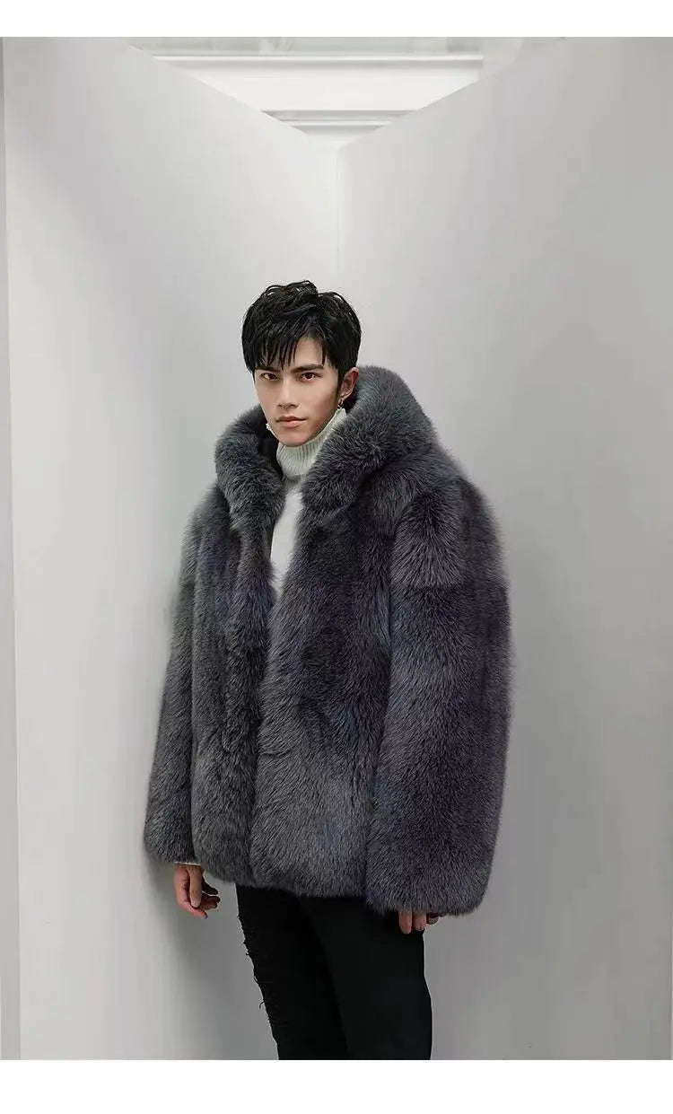 Autumn Winter New Men Fox Fur Hooded Coat  Fashion Light Luxury  Warm Coat Thickened Comfortable Fur Coat Men Brown Fake Fur