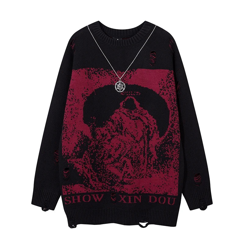 Harajuku Priest Salvation Printed Knitwears Women Streetwear Hip Hop Destroyed Hole Ripped Pullovers Jumper Oversized Men