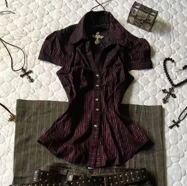 Gothic Classic Shirts Woman Trappings Punk emo Y2K Aesthetic Tops Stripes Harajuku Clothing Vintage Fashion Daily emo Slim Tee