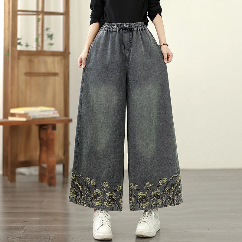 Denim Wide-leg Pants For Women 2025 Autumn Embroidery Elastic Waist Loose And Oversized Casual Denim Straight Pants