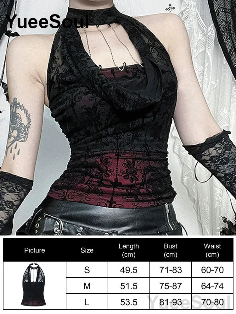 Gothic Lace Mesh Crop Tops Black Sexy Spaghetti Strap Corset Tops Goth Punk Grunge Fairy Core Halloween Y2K Aesthetic Clothes