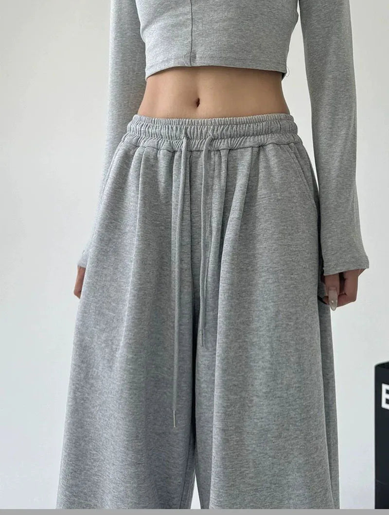 2025 New Harajuku Wide Leg Sweatpants Women Streetwear Baggy Oversize Gray Sports Pants Woman Drawstring Casual Joggers Trousers