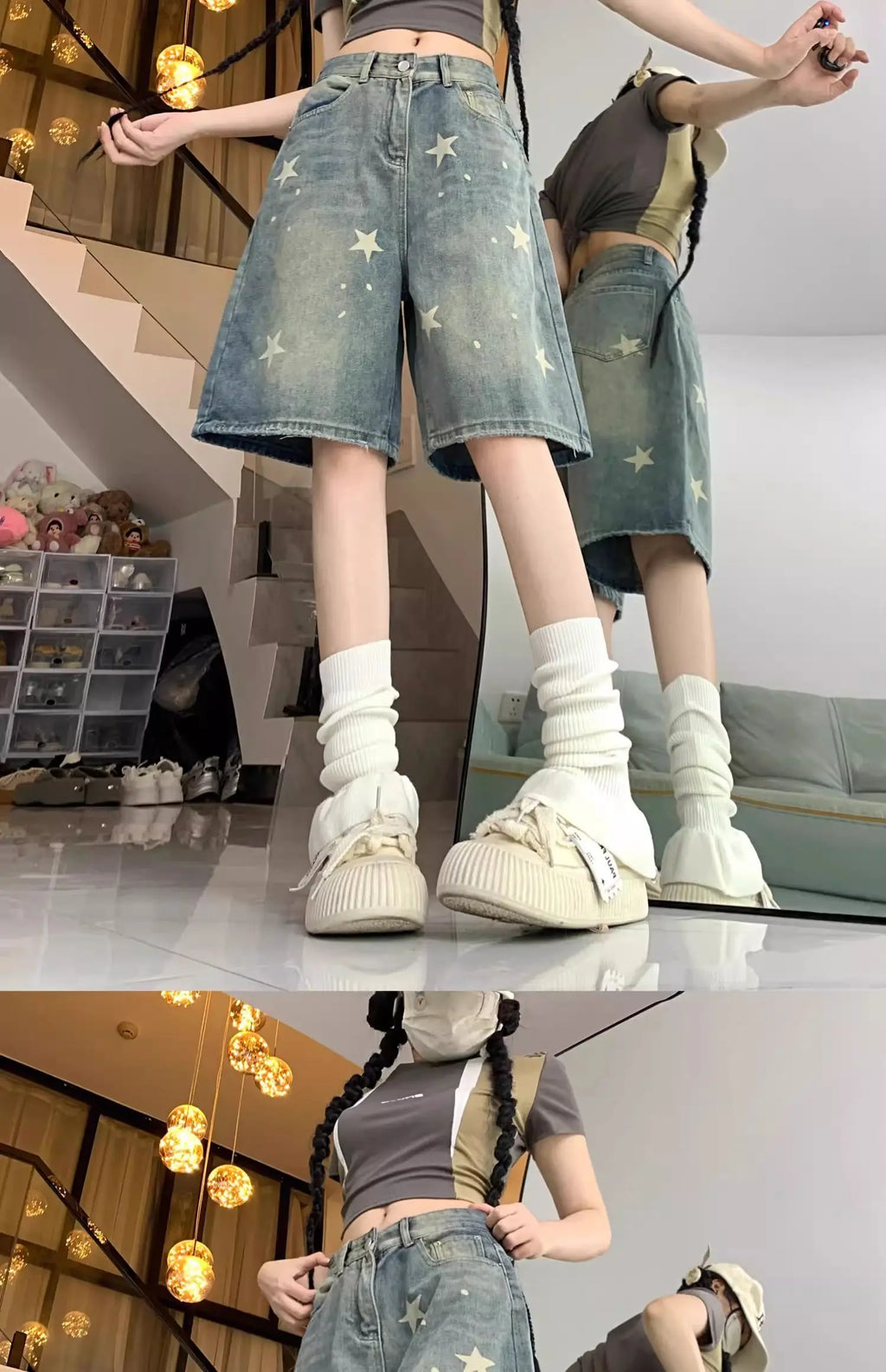 Casual Floral Loose Wide Leg Womens Jeans Retro Star Design Straight Leg Comfort Soft Denim Shorts