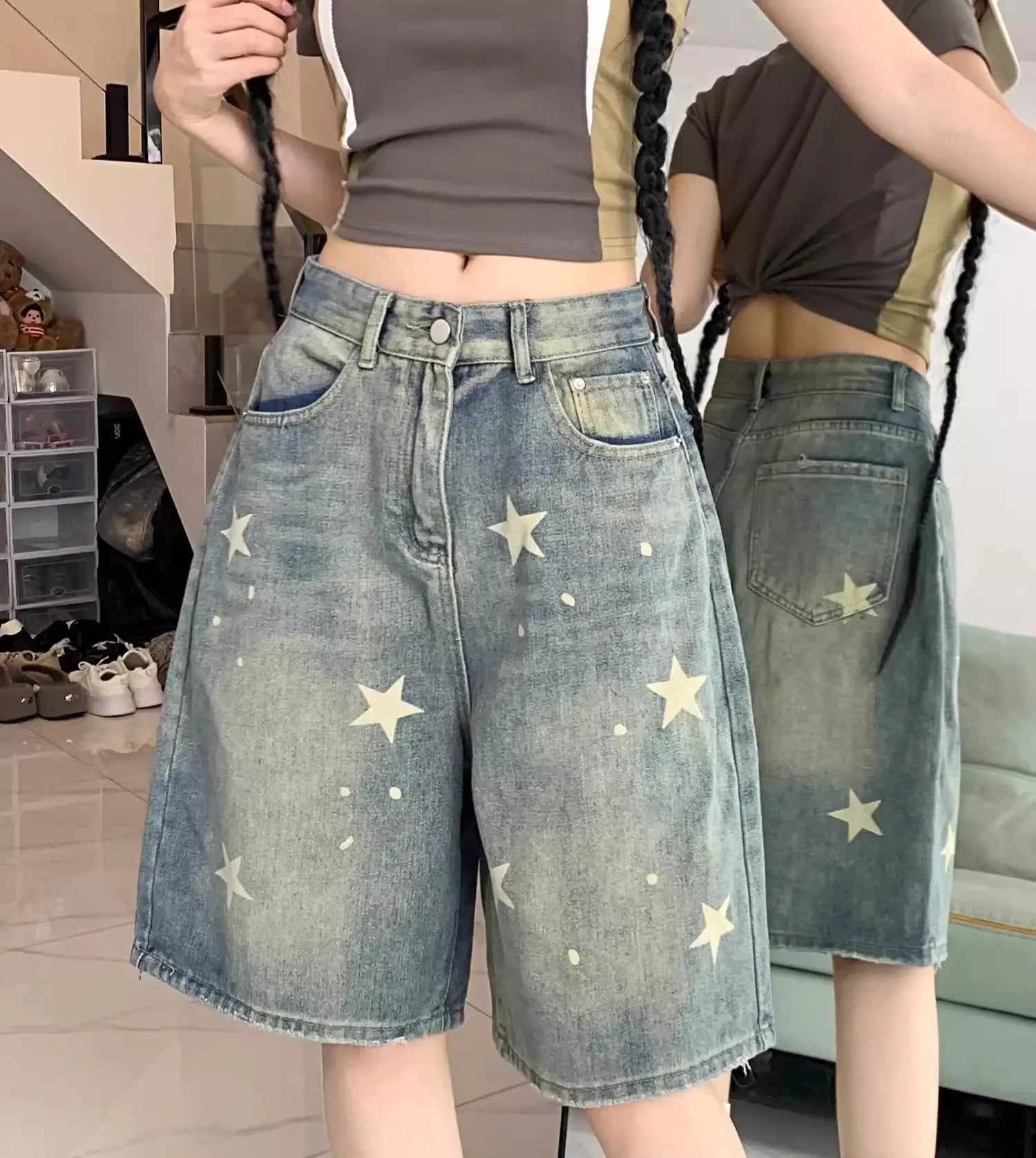 Casual Floral Loose Wide Leg Womens Jeans Retro Star Design Straight Leg Comfort Soft Denim Shorts
