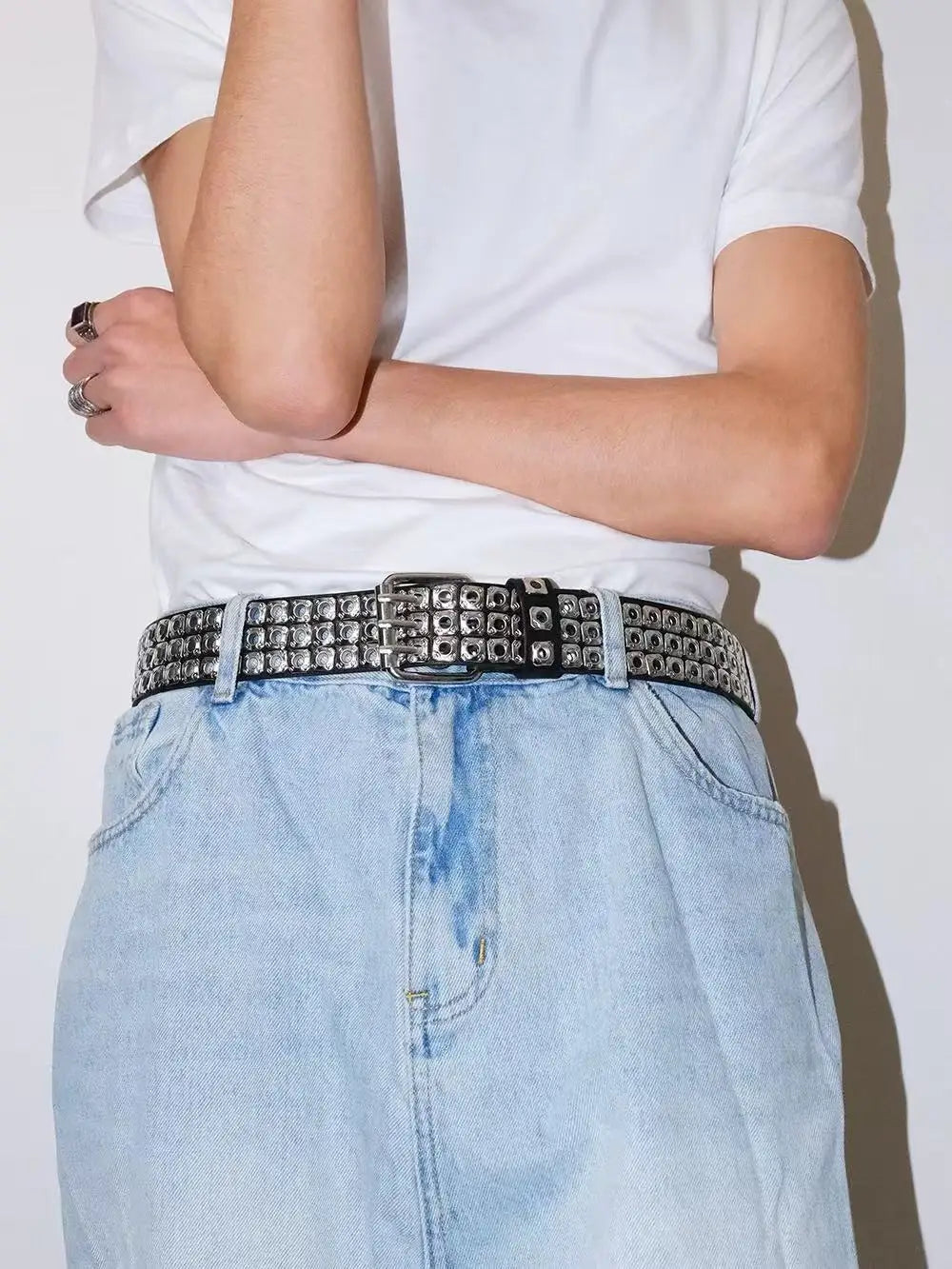 Women Belt  Fashion Square Beads, Willow Nails, Three Exhaust Eyes, Punk Street Cool, Personalized Men's and Women's Belts