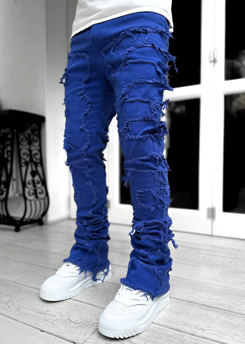 Fashion Stretch Patch Mens Jeans Patchwork Creative Tassels Decoration Straight Denim Trousers for Men Hip Hop Jean Pants