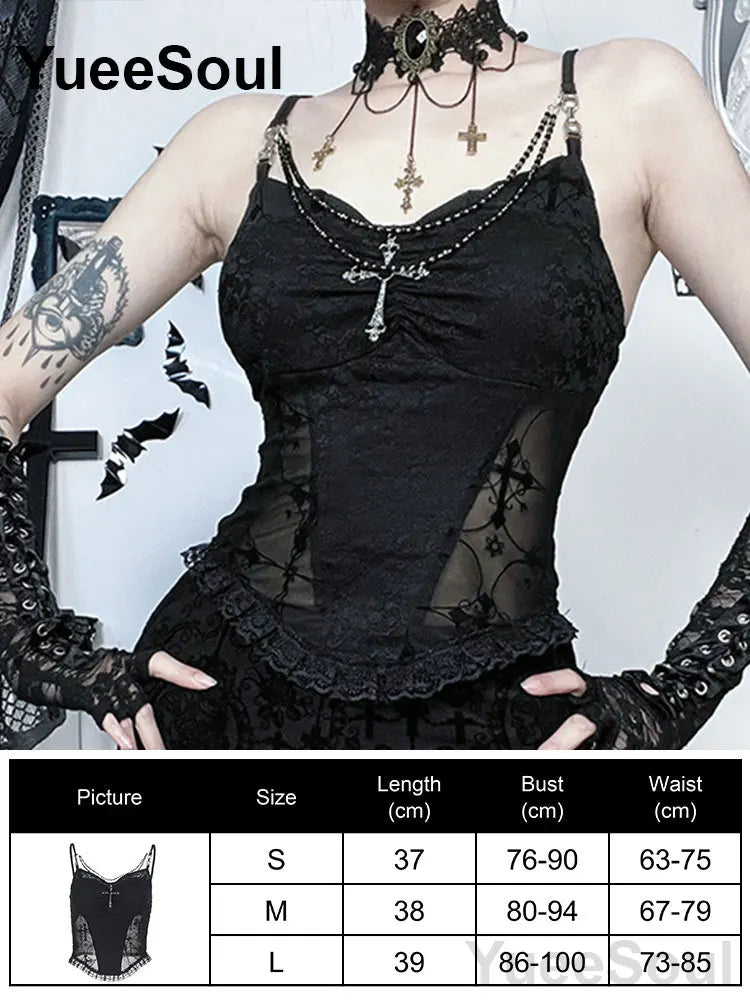 Gothic Lace Mesh Crop Tops Black Sexy Spaghetti Strap Corset Tops Goth Punk Grunge Fairy Core Halloween Y2K Aesthetic Clothes