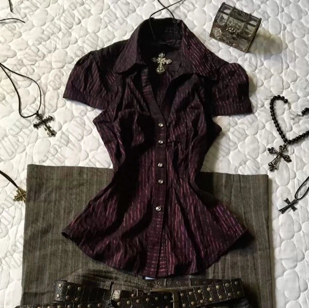 Gothic Classic Shirts Woman Trappings Punk emo Y2K Aesthetic Tops Stripes Harajuku Clothing Vintage Fashion Daily emo Slim Tee