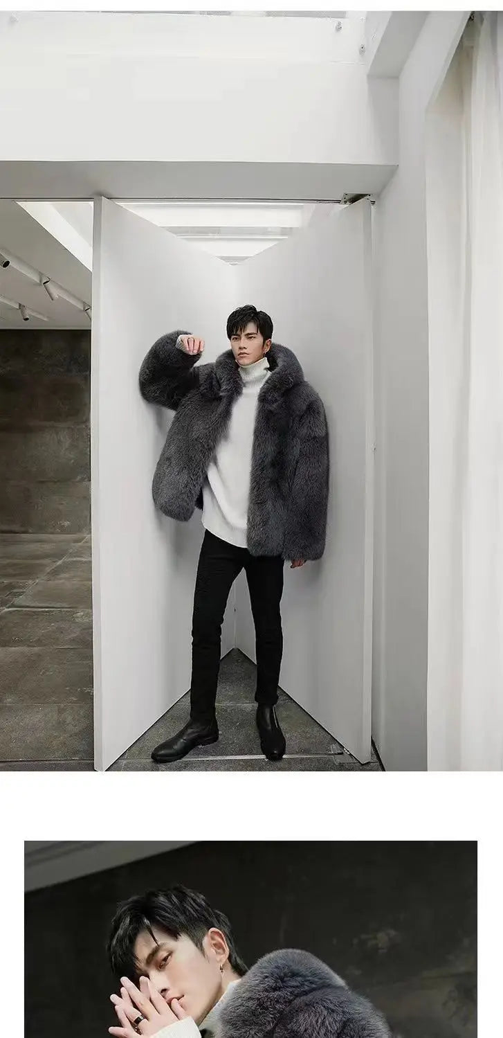 Autumn Winter New Men Fox Fur Hooded Coat  Fashion Light Luxury  Warm Coat Thickened Comfortable Fur Coat Men Brown Fake Fur