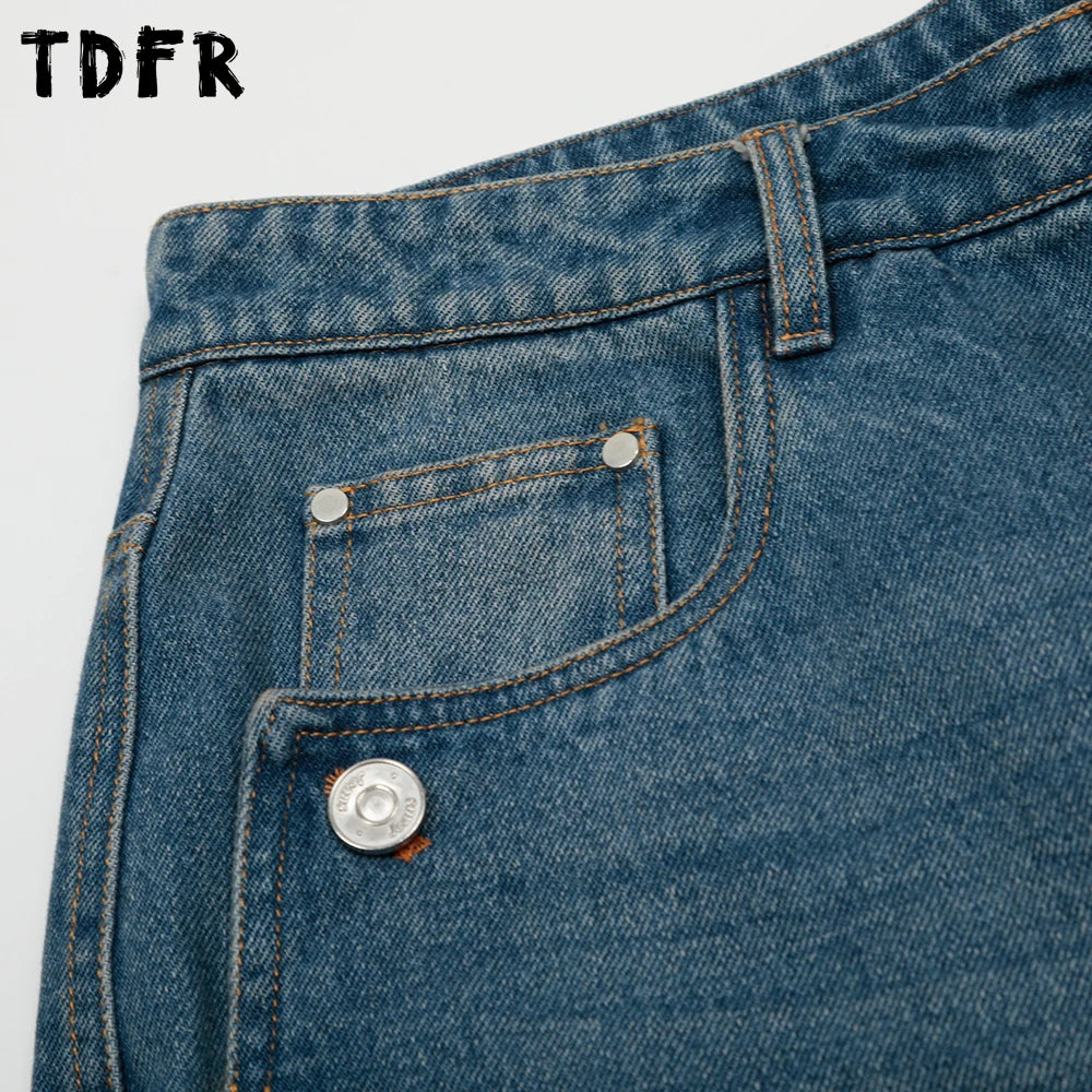 Button Bermuda Denim Shorts Mens Summer Retro Streetwear Dirty Washed Baggy Wide Leg Jorts Man