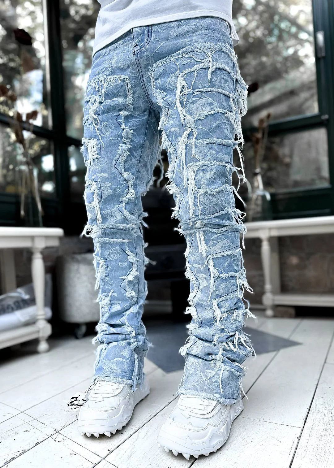 Fashion Stretch Patch Mens Jeans Patchwork Creative Tassels Decoration Straight Denim Trousers for Men Hip Hop Jean Pants