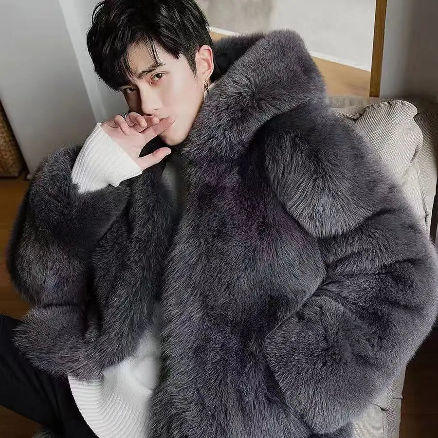 Autumn Winter New Men Fox Fur Hooded Coat  Fashion Light Luxury  Warm Coat Thickened Comfortable Fur Coat Men Brown Fake Fur