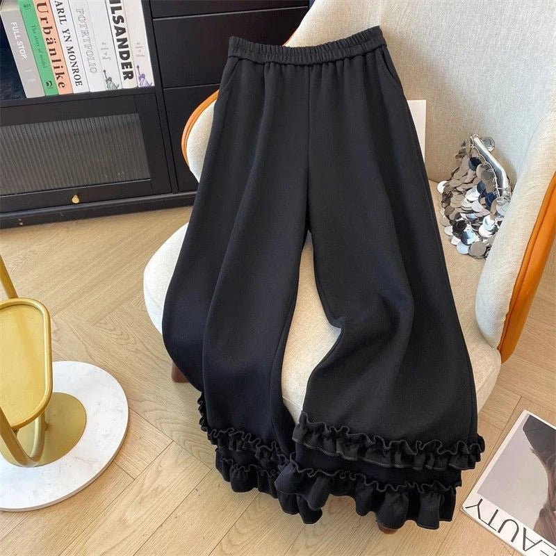 Women Black Pants Autumn Fashion Loose Casual Edible Tree Fungus Wide Leg Trouser Elegant High Waist Chic Office Lady Pants New