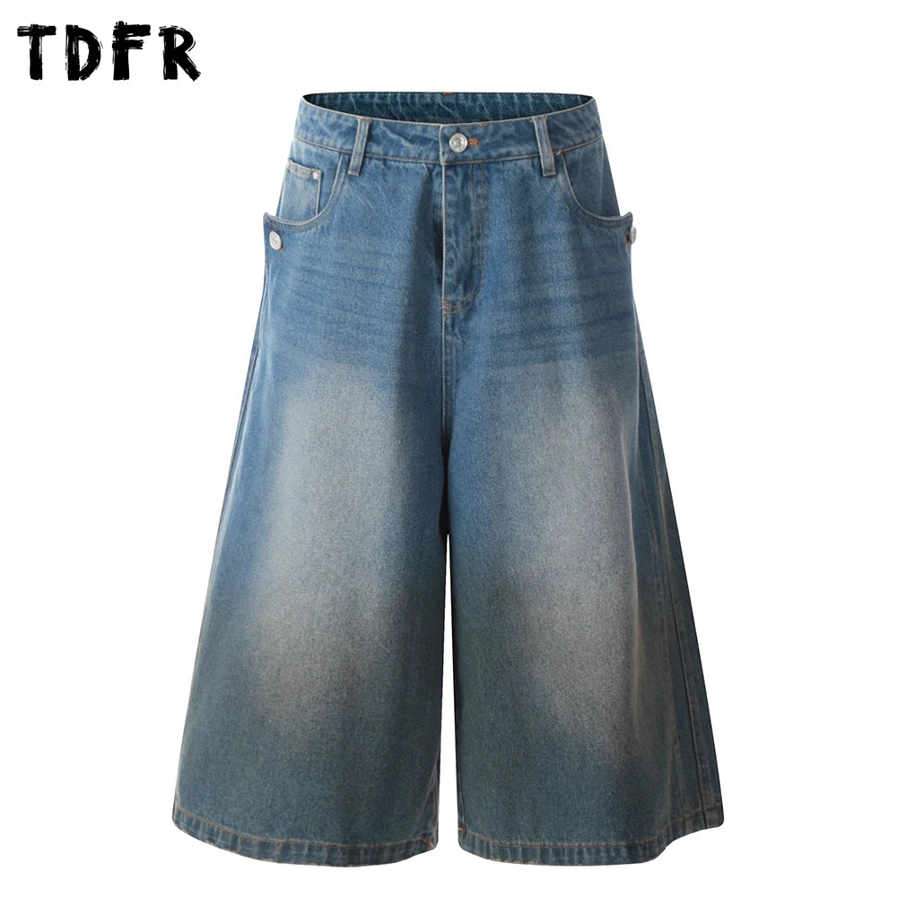 Button Bermuda Denim Shorts Mens Summer Retro Streetwear Dirty Washed Baggy Wide Leg Jorts Man