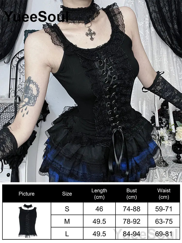 Gothic Lace Mesh Crop Tops Black Sexy Spaghetti Strap Corset Tops Goth Punk Grunge Fairy Core Halloween Y2K Aesthetic Clothes