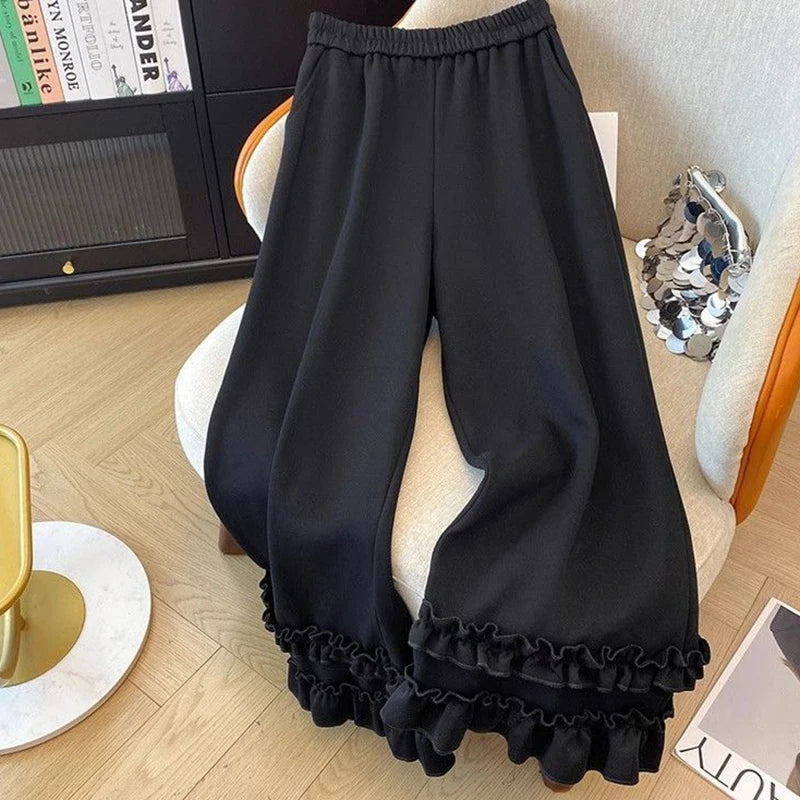 Women Black Pants Autumn Fashion Loose Casual Edible Tree Fungus Wide Leg Trouser Elegant High Waist Chic Office Lady Pants New