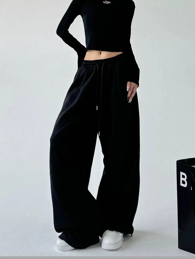 2025 New Harajuku Wide Leg Sweatpants Women Streetwear Baggy Oversize Gray Sports Pants Woman Drawstring Casual Joggers Trousers