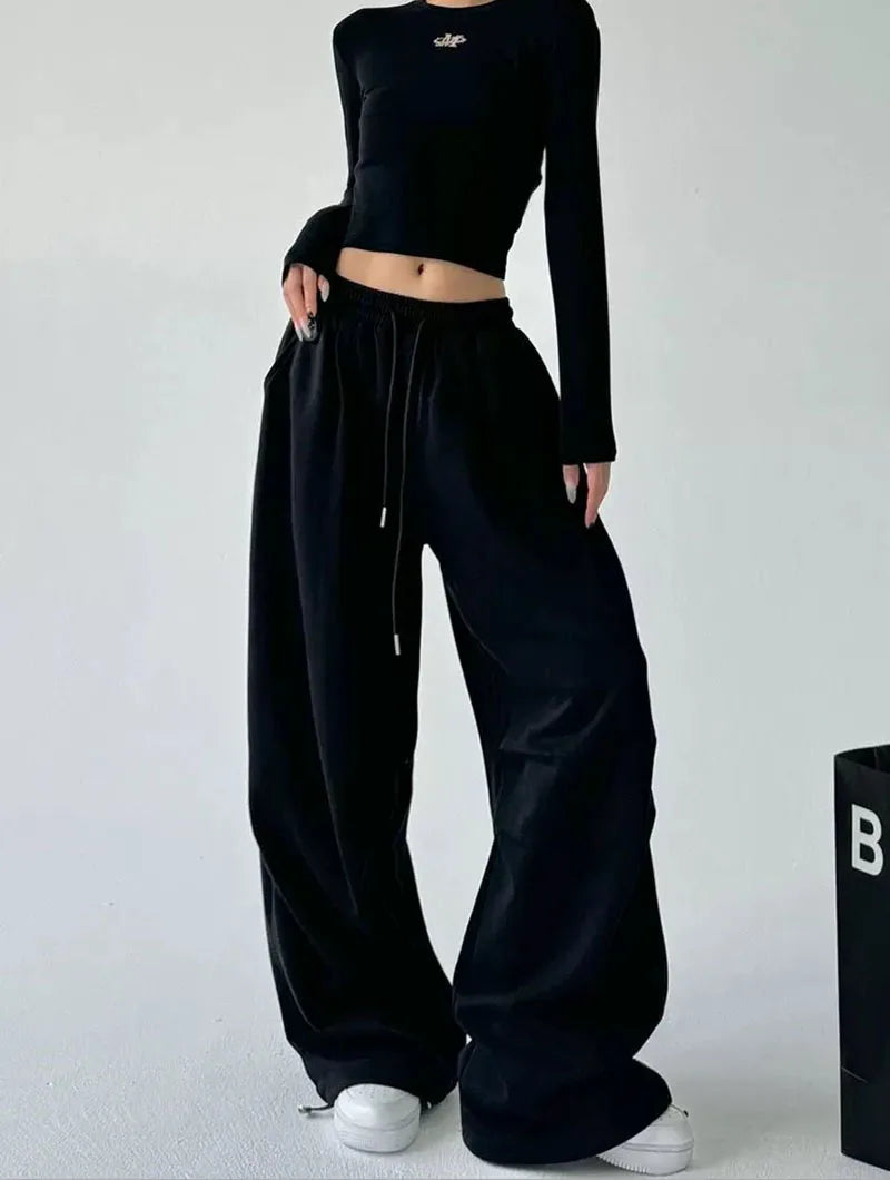 2025 New Harajuku Wide Leg Sweatpants Women Streetwear Baggy Oversize Gray Sports Pants Woman Drawstring Casual Joggers Trousers