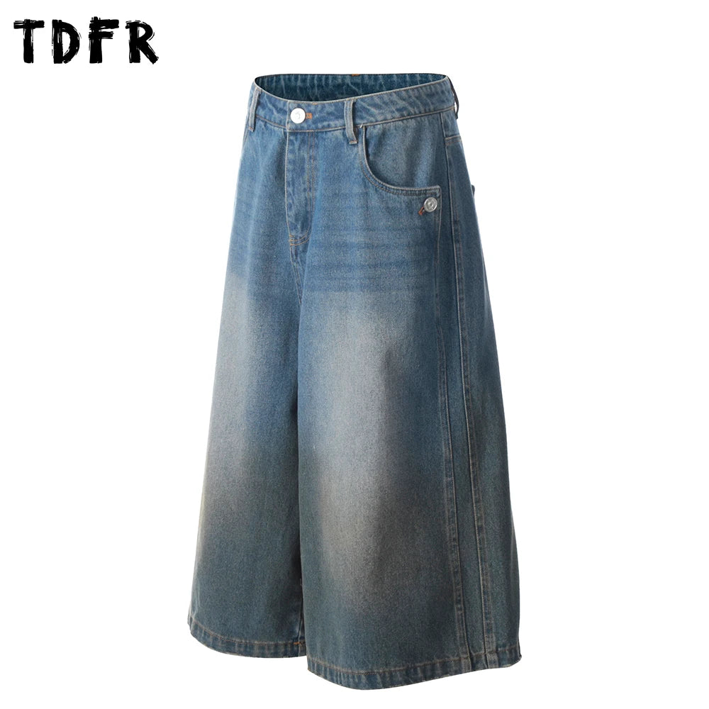 Button Bermuda Denim Shorts Mens Summer Retro Streetwear Dirty Washed Baggy Wide Leg Jorts Man