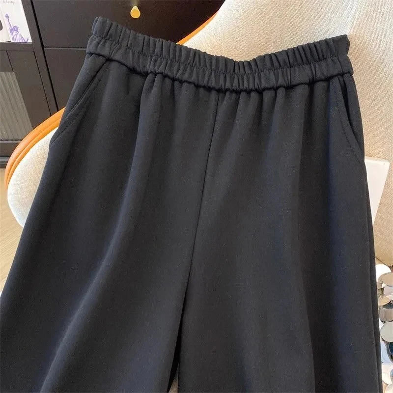 Women Black Pants Autumn Fashion Loose Casual Edible Tree Fungus Wide Leg Trouser Elegant High Waist Chic Office Lady Pants New