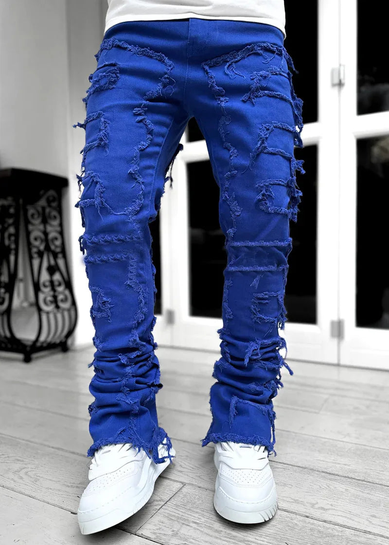 Fashion Stretch Patch Mens Jeans Patchwork Creative Tassels Decoration Straight Denim Trousers for Men Hip Hop Jean Pants