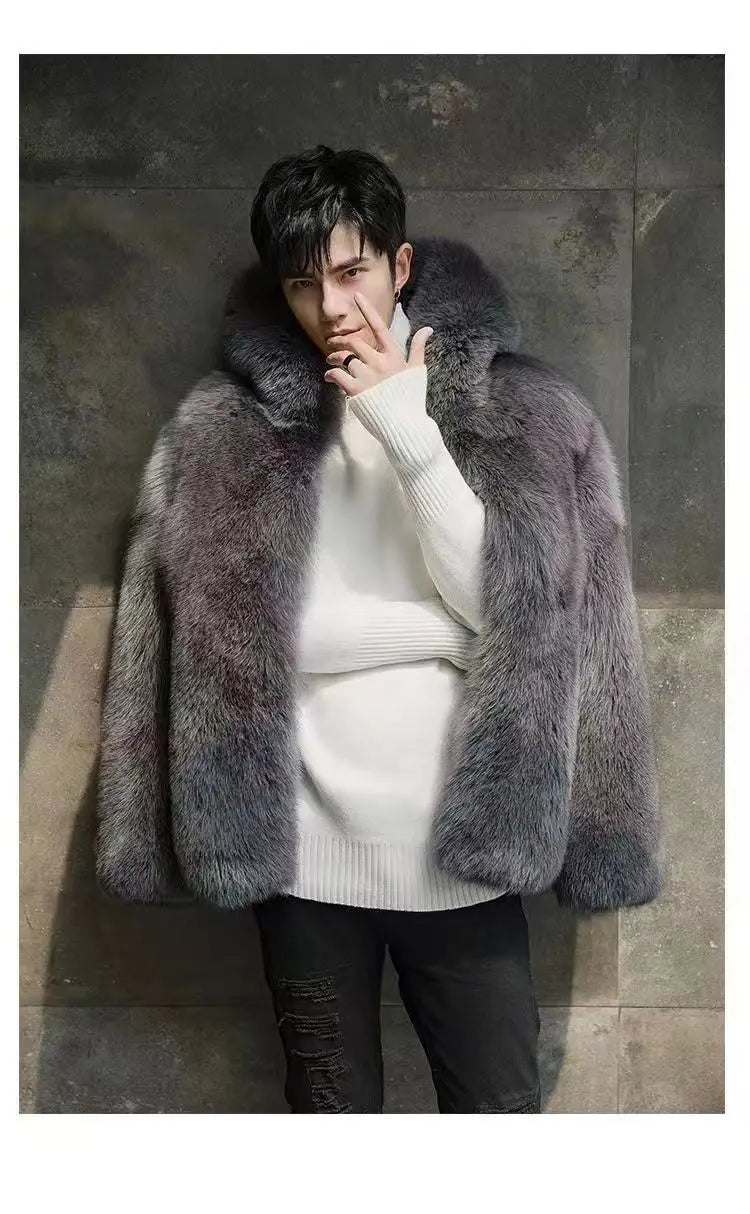 Autumn Winter New Men Fox Fur Hooded Coat  Fashion Light Luxury  Warm Coat Thickened Comfortable Fur Coat Men Brown Fake Fur
