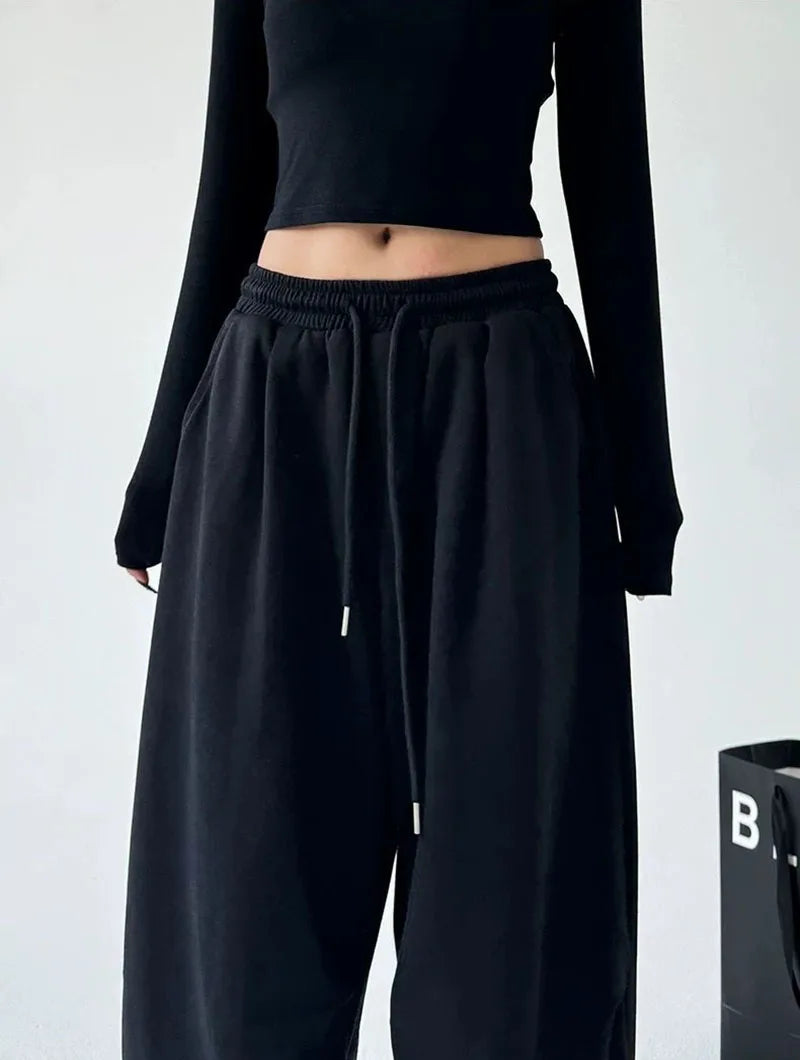 2025 New Harajuku Wide Leg Sweatpants Women Streetwear Baggy Oversize Gray Sports Pants Woman Drawstring Casual Joggers Trousers