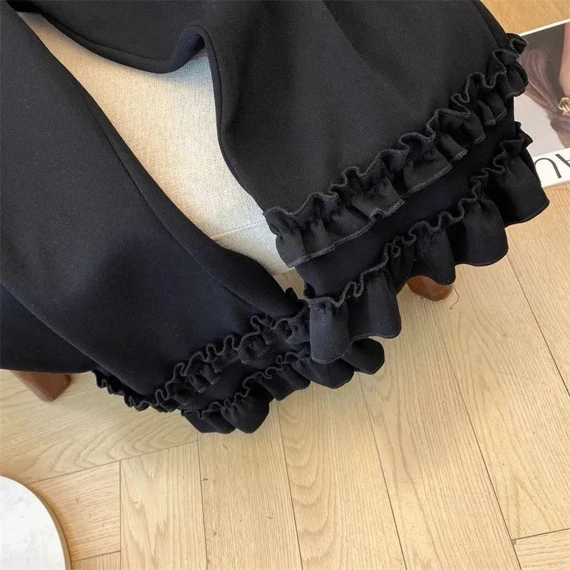 Women Black Pants Autumn Fashion Loose Casual Edible Tree Fungus Wide Leg Trouser Elegant High Waist Chic Office Lady Pants New
