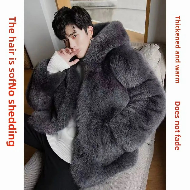 Autumn Winter New Men Fox Fur Hooded Coat  Fashion Light Luxury  Warm Coat Thickened Comfortable Fur Coat Men Brown Fake Fur