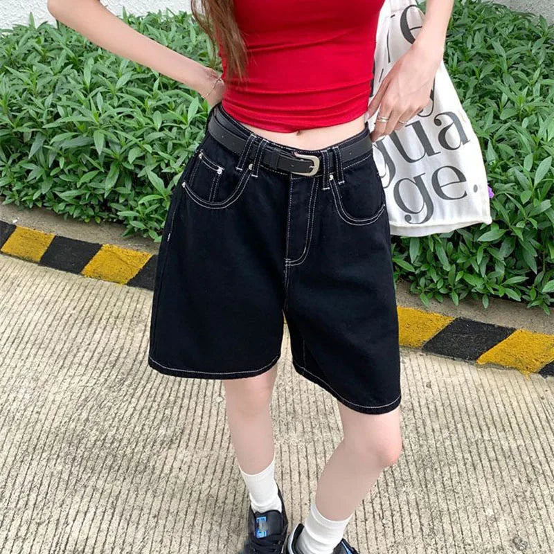 Black Shorts Jeans Women 2025 Summer Baggy Y2K Fashion Straight Denim Short Pants Woman Vintage Streetwear Loose Jean Shorts