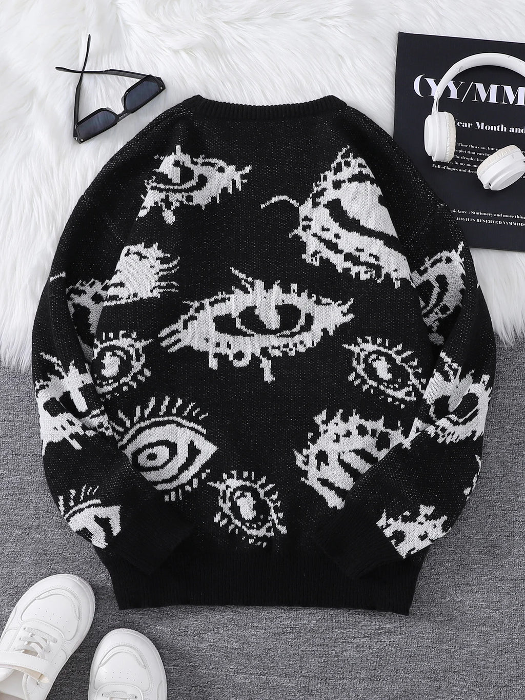New Popular Autumn and Winter Abstract Eye Jacquard Pattern Pullover Sweater Casual Round Neck Knitted Men's Pullover