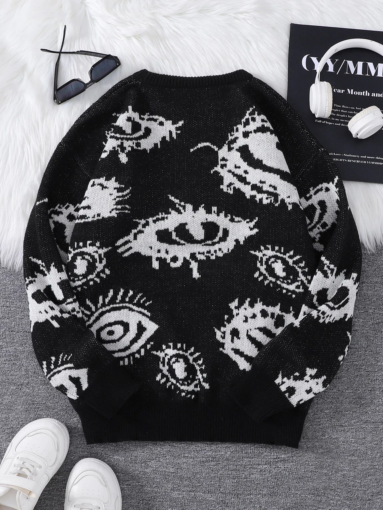 New Popular Autumn and Winter Abstract Eye Jacquard Pattern Pullover Sweater Casual Round Neck Knitted Men's Pullover