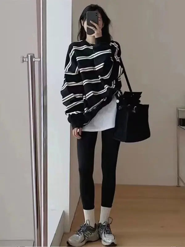 Retro Striped Sweatshirt Women Oversized Round Neck American Classic Loose Fit Long Sleeve Casual Mid To Long Length Top Lazy